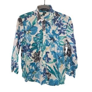 LAUREN‎ RALPH LAUREN PETITE Blue Floral Linen Button Up Shirt Women's Size L